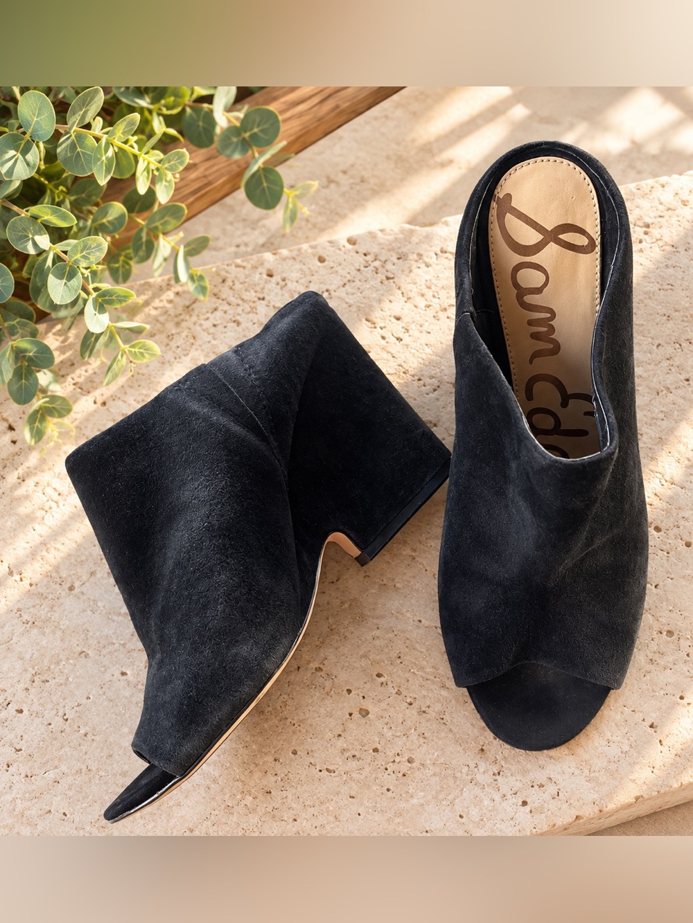 Sam Edelman Black Suede Peep Toe Wedge Mule Booties – Size 9